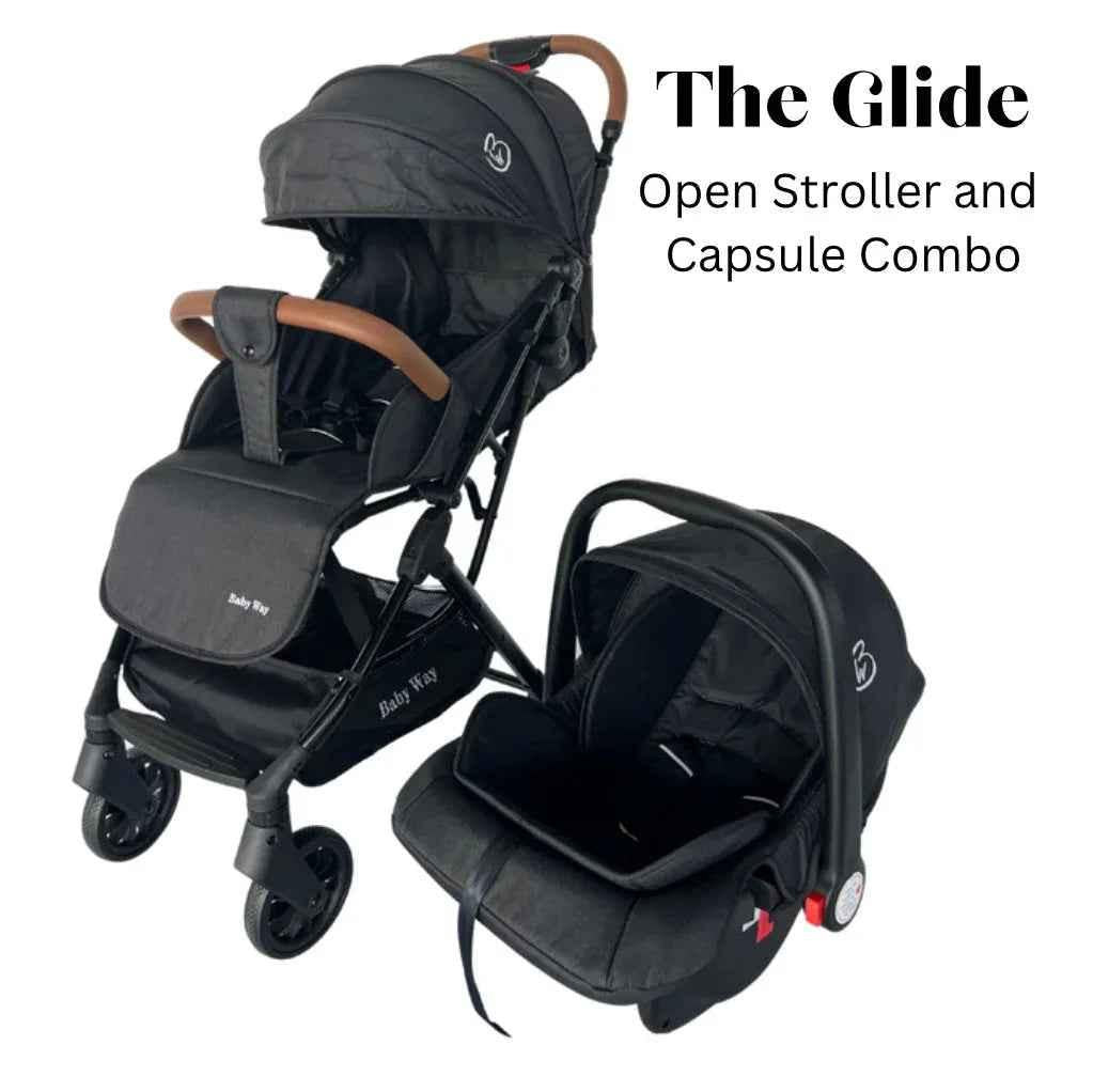 Baby Way NZ The Glide compact travel stroller and capsule car seat combo with pull handle, suitable for easy transportation.