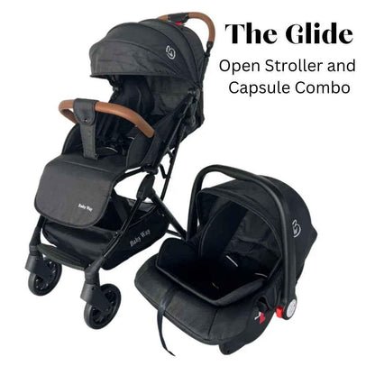 Baby Way NZ The Glide compact travel stroller and capsule car seat combo with pull handle, suitable for easy transportation.