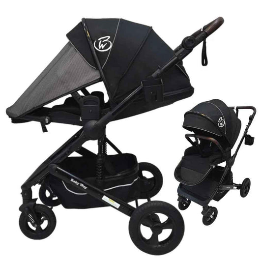 Baby Way NZ Versa 2in1 open bassinet stroller with sunshade and cup holder, showing the stroller with adjustable canopy and comfortable seat.