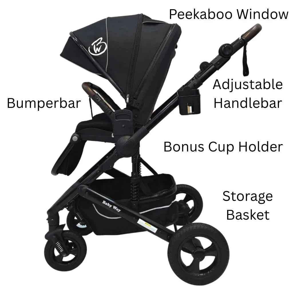 Baby Way NZ Versa 2-in-1 open bassinet stroller with sunshade and cup holder, showcasing the stroller's design and features.