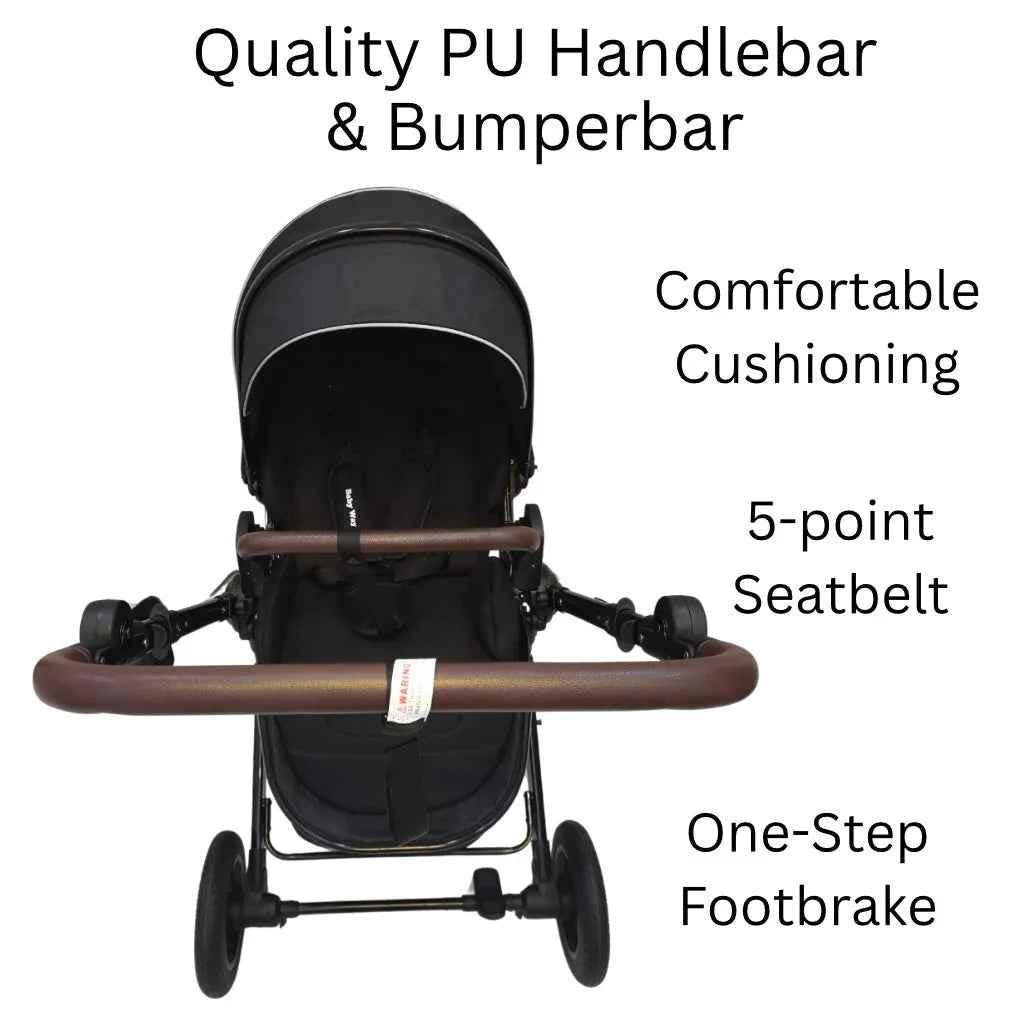 Baby Way NZ Versa 2-in-1 open bassinet stroller with sunshade and cup holder, showing the stroller frame and fabric seat.