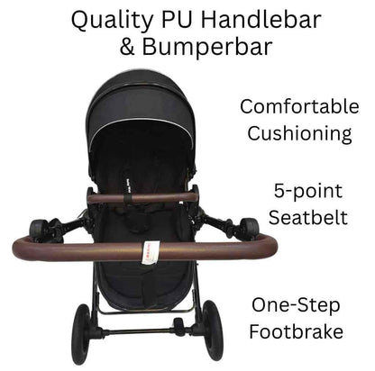 Baby Way NZ Versa 2-in-1 open bassinet stroller with sunshade and cup holder, showing the stroller frame and fabric seat.