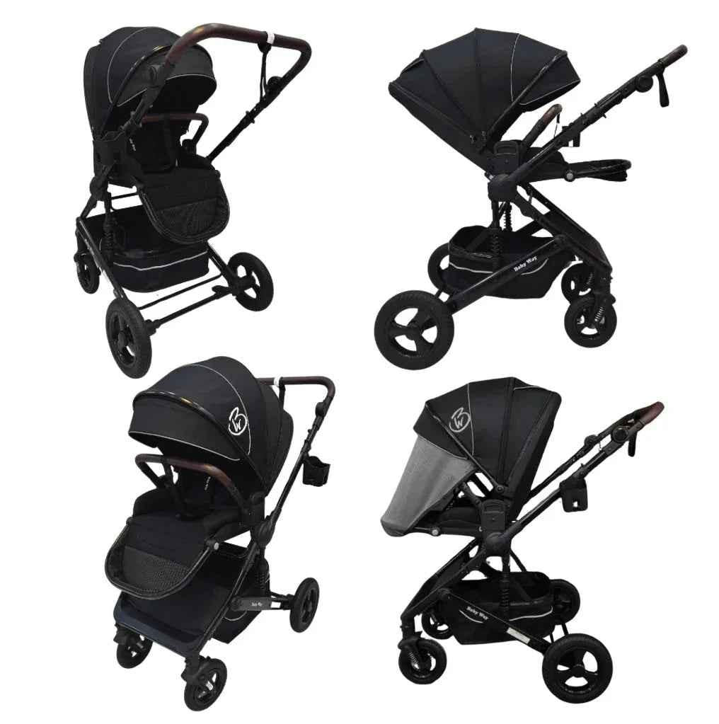 Baby Way NZ Versa 2-in-1 open bassinet stroller with sunshade and cup holder, showing the stroller with fabric and accessories.