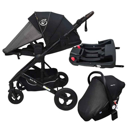 Baby Way NZ Versa 3-in-1 travel system with open bassinet stroller, capsule car seat, and sunshade set for versatile travel.