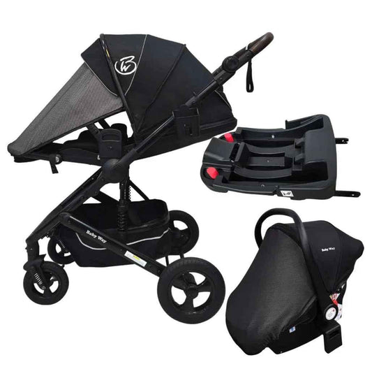 Baby Way NZ Versa 3-in-1 travel system with open bassinet stroller, capsule car seat, and sunshade set for versatile travel.