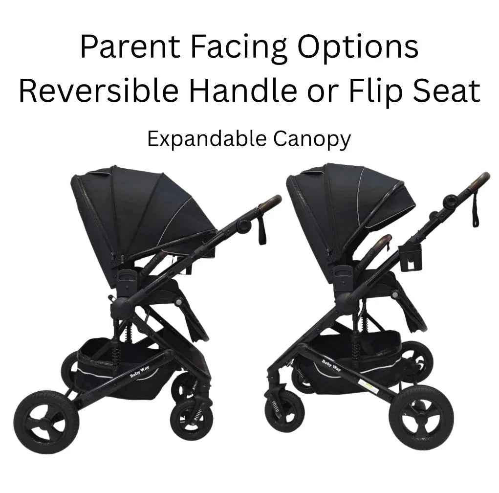 Baby Way NZ Versa 3-in-1 travel system with open bassinet stroller and capsule car seat with sunshade for infants.