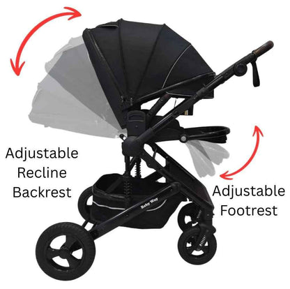 Baby Way NZ Versa 3-in-1 travel system with open bassinet stroller, capsule car seat, and sunshade set for convenient travel.