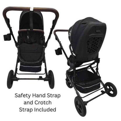 Baby Way NZ Versa 3-in-1 travel system with open bassinet stroller, capsule car seat, and sunshade set for convenient travel.