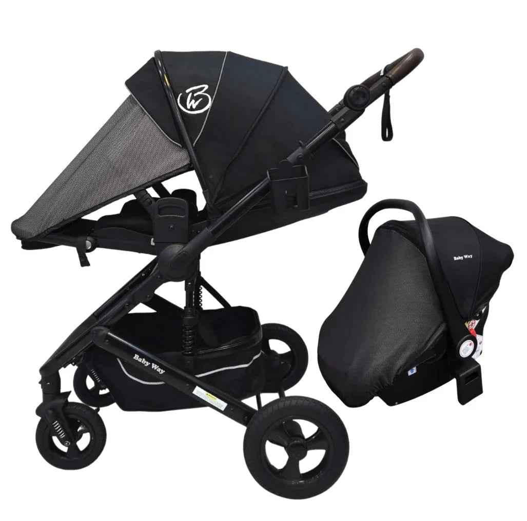Baby Way NZ Versa 3-in-1 travel system with open bassinet stroller and capsule car seat with sunshade, suitable for infants.