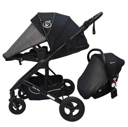 Baby Way NZ Versa 3-in-1 travel system with open bassinet stroller and capsule car seat with sunshade, suitable for infants.