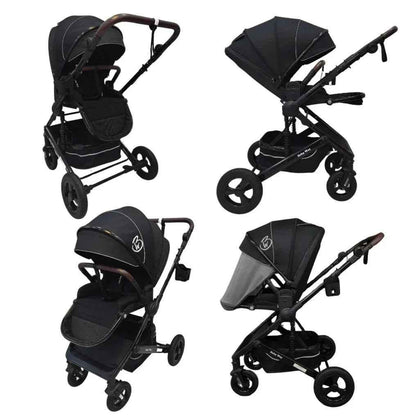 Baby Way NZ Versa 3-in-1 travel system with open bassinet stroller, capsule car seat, and sunshade set for convenient travel.