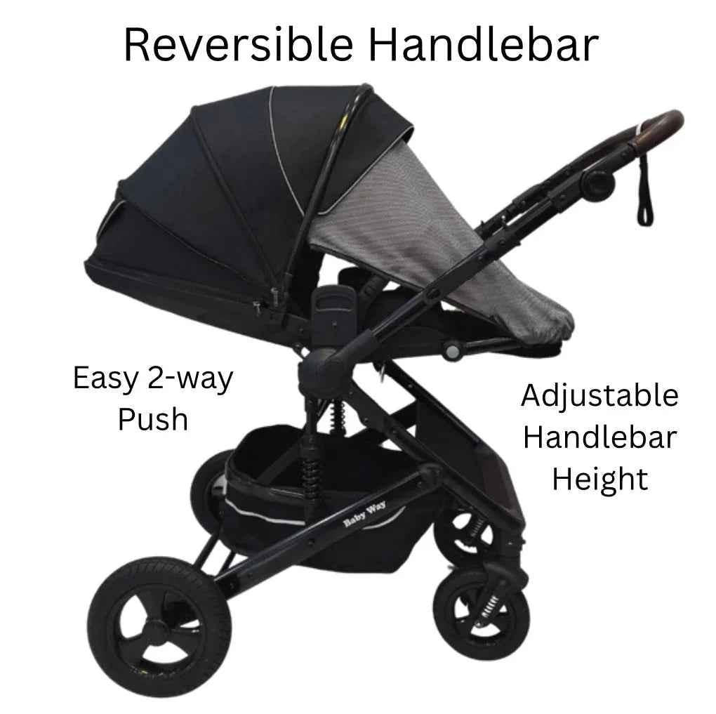 Baby Way NZ Versa 3-in-1 travel system with open bassinet stroller, capsule car seat, and sunshade set for versatile baby transportation.