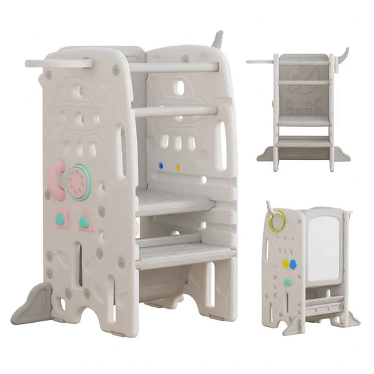 Baby Way NZ toddler learning tower and step stool with activity center, featuring a sturdy design for safe, multi-function use.