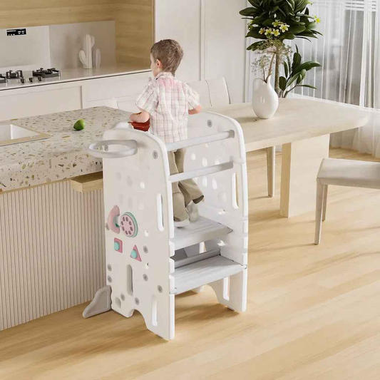 Baby Way NZ toddler learning tower and step stool with activity centre, sturdy wooden design for safe toddler independence and play.