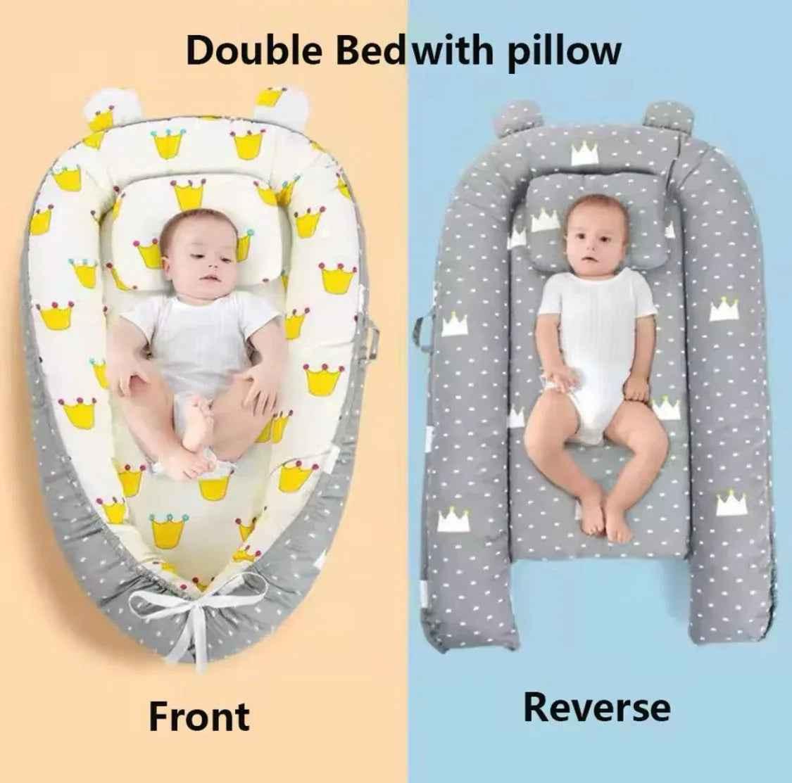 Reversible baby lounger with pillow, portable adjustable baby bed and bassinet by Baby Way NZ, ideal for travel and nap time.