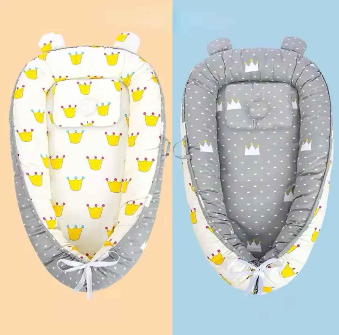 Reversible baby lounger with pillow from Baby Way NZ, portable adjustable bassinet designed for comfortable sleep and travel.