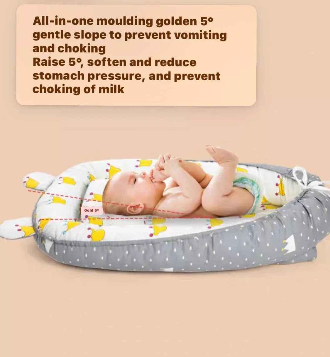 Reversible baby lounger with pillow, portable travel bassinet by Baby Way NZ, adjustable for comfortable sleep and easy transport.
