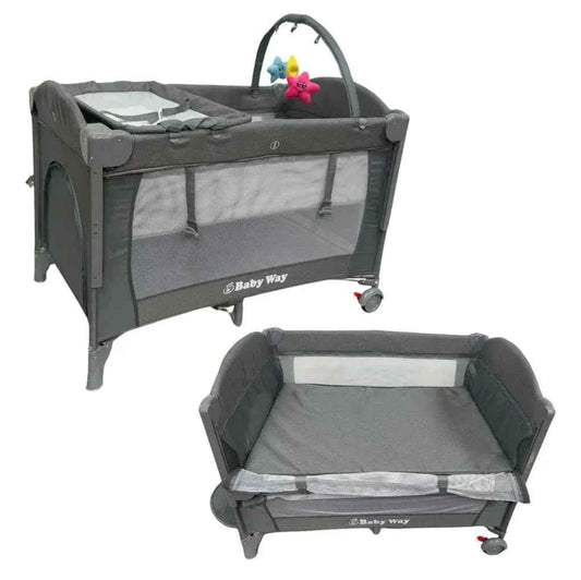 Baby Way NZ 5-in-1 portable co-sleeper bed with changing table and toy bar, ideal for travel and easy to assemble.