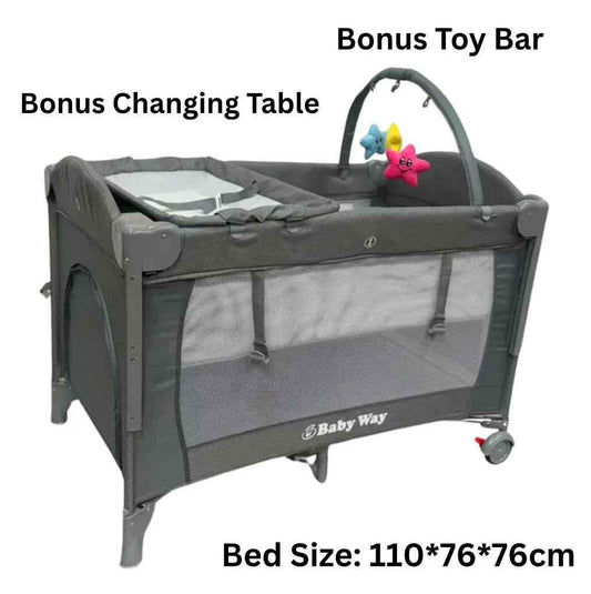 Baby Way NZ 5-in-1 portable co-sleeper bed with changing table and toy bar, ideal for travel and versatile baby sleeping solutions.