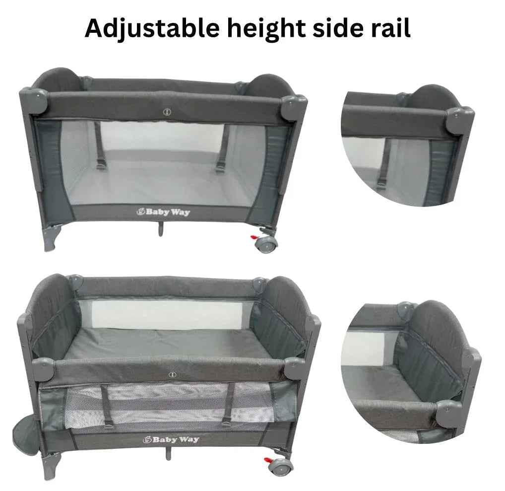 Baby Way NZ 5-in-1 portable co-sleeper bed with changing table and toy bar for travel and easy baby care.