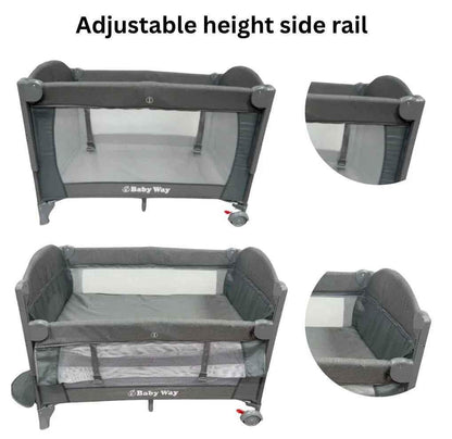 Baby Way NZ 5-in-1 portable co-sleeper bed with changing table and toy bar for travel and easy baby care.