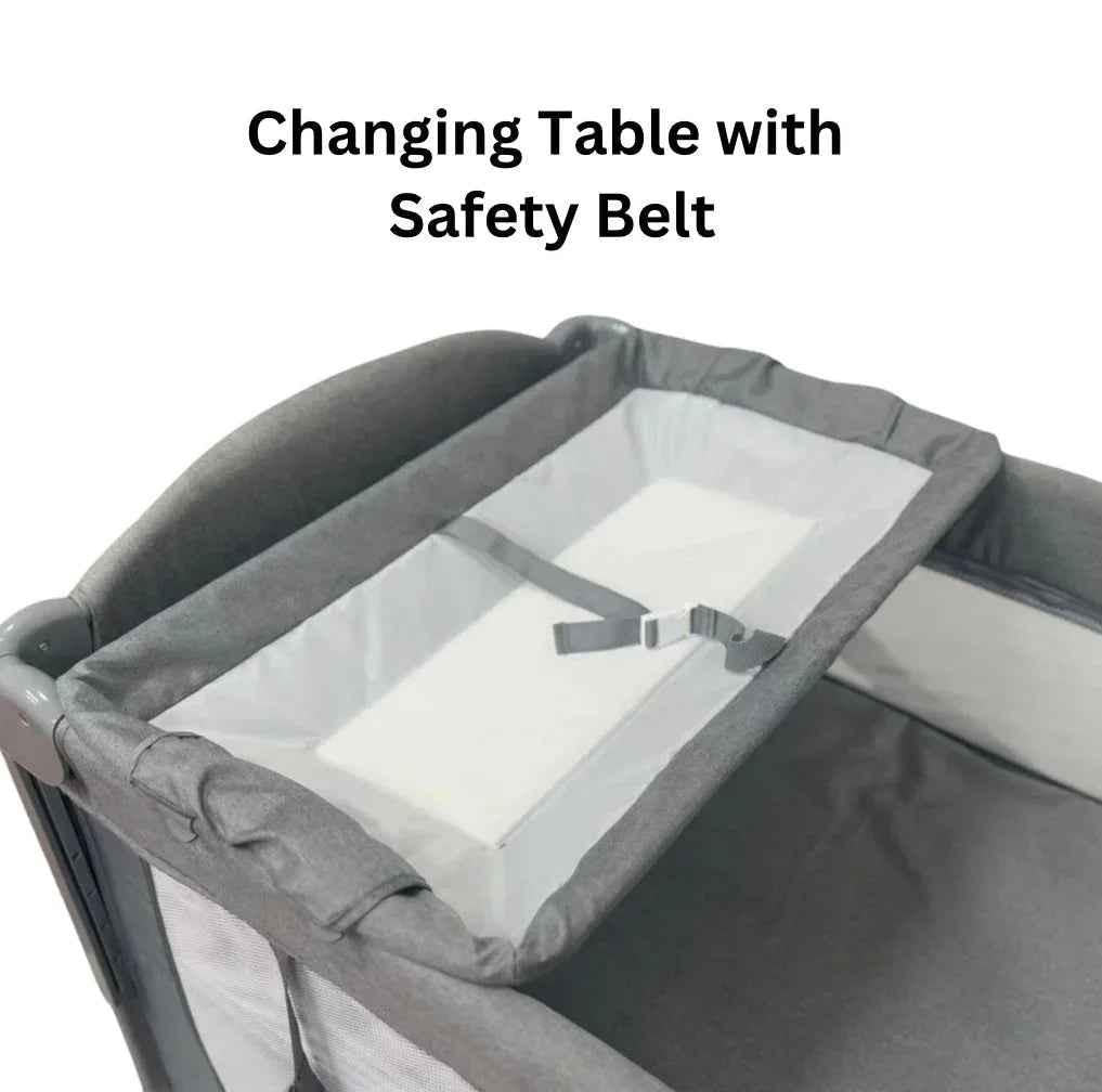 Baby Way NZ 5-in-1 portable co-sleeper bed with changing table and toy bar, suitable for travel and easy to set up.