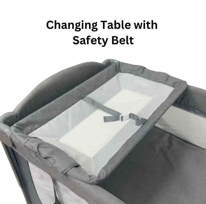 Baby Way NZ 5-in-1 portable co-sleeper bed with changing table and toy bar, suitable for travel and easy to set up.