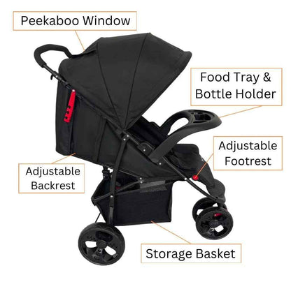 Baby Way NZ Explorer 3-Wheel Umbrella Stroller with food tray, lightweight frame, and adjustable canopy for easy strolling.