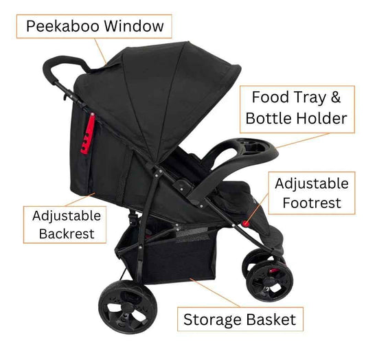 Baby Way NZ Explorer 3-Wheel Umbrella Stroller with food tray, lightweight frame, and adjustable canopy for easy strolling.