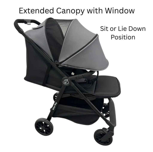 Baby Way NZ Roam compact travel umbrella stroller with extended canopy in black, lightweight and easy to fold for travel.