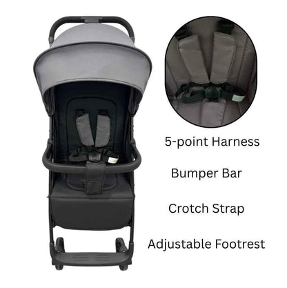 Baby Way NZ Roam compact travel stroller with extended canopy in black, lightweight umbrella stroller for easy travel.