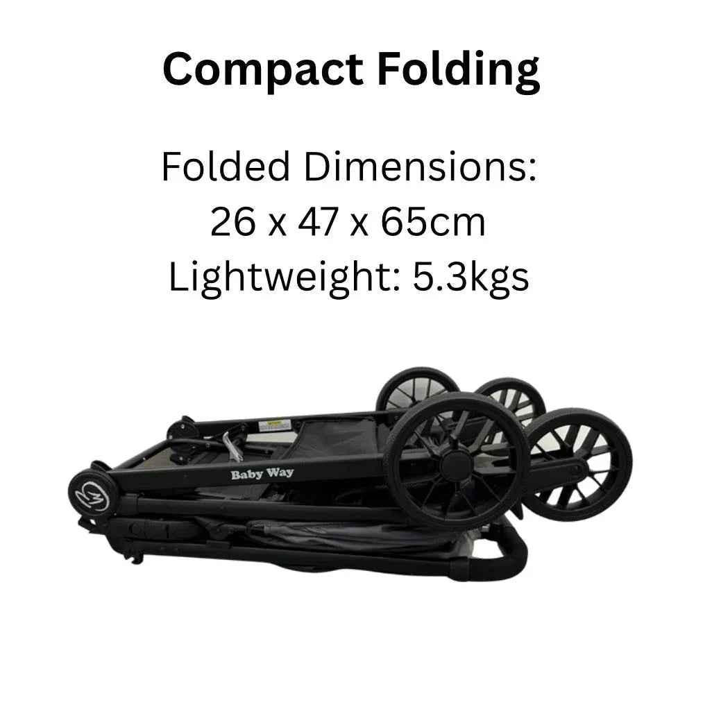 Baby Way NZ Roam compact travel-friendly umbrella stroller with extended canopy in black, lightweight and foldable for easy travel.