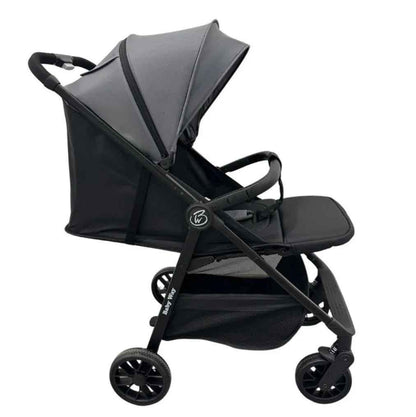 Baby Way NZ Roam compact travel stroller with extended canopy, lightweight black umbrella stroller for convenient city outings.