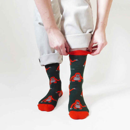 Barekind NZ Save the Orangutans bamboo crew cut socks for adults, featuring eco-friendly bamboo fabric and orangutan-themed design.