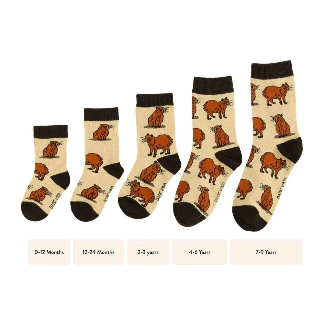 Barekind NZ bamboo socks for kids featuring playful Save the Capybara design, suitable for ages 0-12 months.