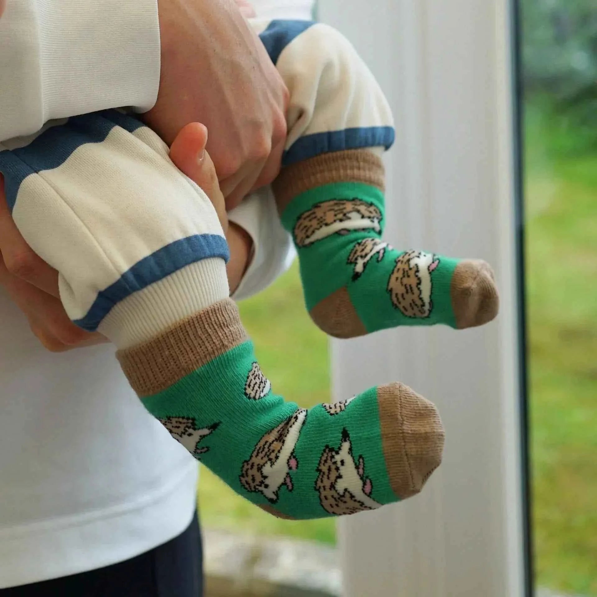 Barekind NZ bamboo socks for kids featuring a hedgehog design, suitable for ages 0-12 months and UK sizes 0-4.5.