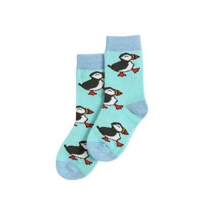 Barekind NZ bamboo socks for kids featuring colorful puffin design, soft and comfortable for infants aged 0-12 months.