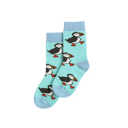 Barekind NZ bamboo socks for kids featuring colorful puffin design, soft and comfortable for infants aged 0-12 months.