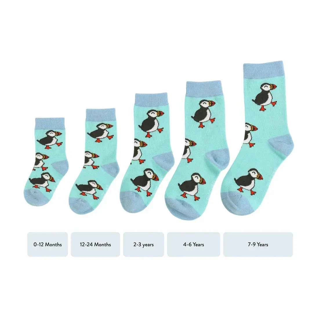 Barekind NZ bamboo socks for kids featuring a colorful puffin design, suitable for ages 0-12 months.