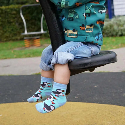 Barekind NZ bamboo socks for kids featuring colorful puffin design, suitable for ages 0-12 months, soft and eco-friendly.