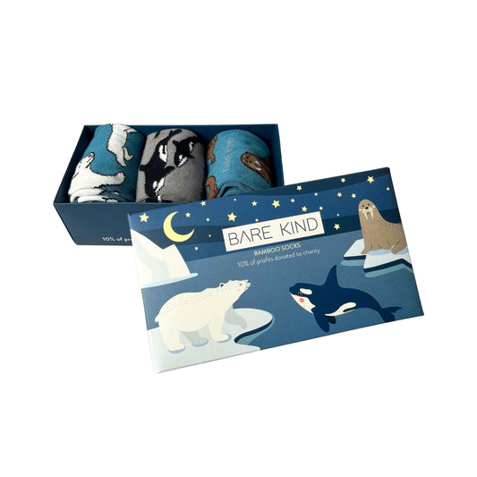 Set of three Barekind NZ Arctic Animals bamboo socks in a gift box for adults, featuring cozy, illustrated Arctic animal designs.
