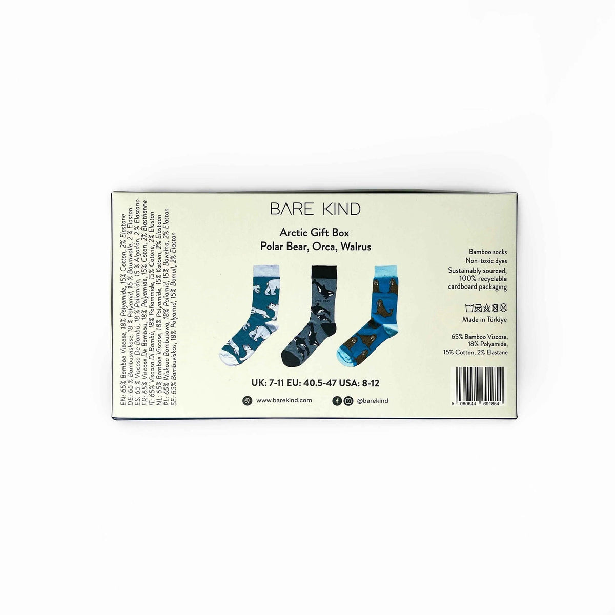 Set of three Barekind NZ Arctic Animals bamboo socks in a gift box, featuring cozy, eco-friendly socks with Arctic animal designs.