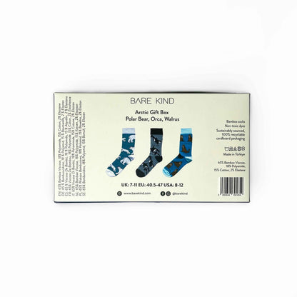 Set of three Barekind NZ Arctic Animals bamboo socks in a gift box, featuring cozy, eco-friendly socks with Arctic animal designs.