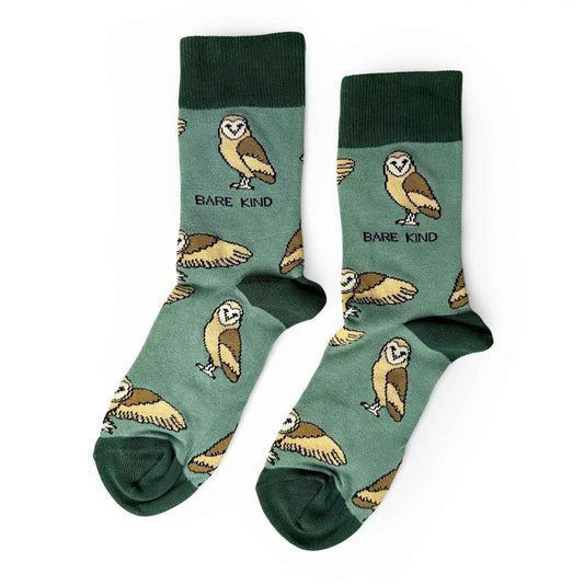 Barekind NZ bamboo socks featuring barn owl design, comfortable adult socks made from sustainable bamboo material.