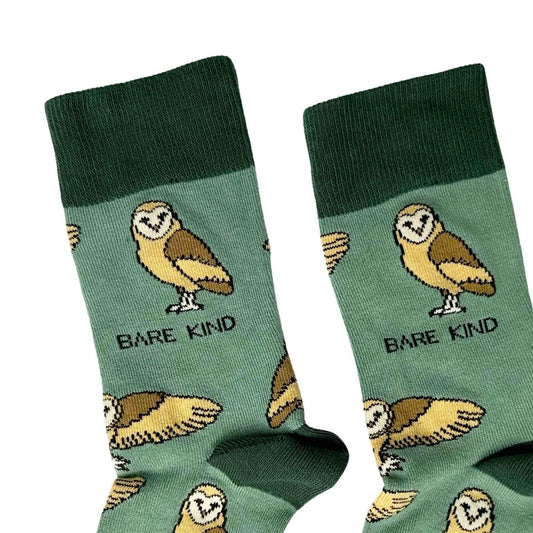 Barekind NZ bamboo socks featuring barn owl design, adult size 4-7, eco-friendly socks with owl print for nature lovers.