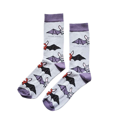 Barekind NZ Save the Bats bamboo socks for adults featuring bat illustrations, made with soft, eco-friendly bamboo fabric.