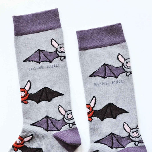 Barekind NZ Save the Bats bamboo socks for adults, featuring bat illustrations, made from soft, eco-friendly bamboo material.