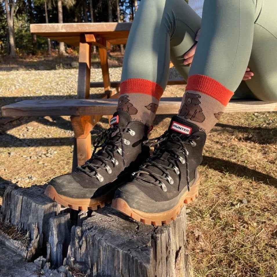 Barekind NZ Save the Bears Bamboo Socks for adults featuring a green bear design, made from eco-friendly bamboo material.