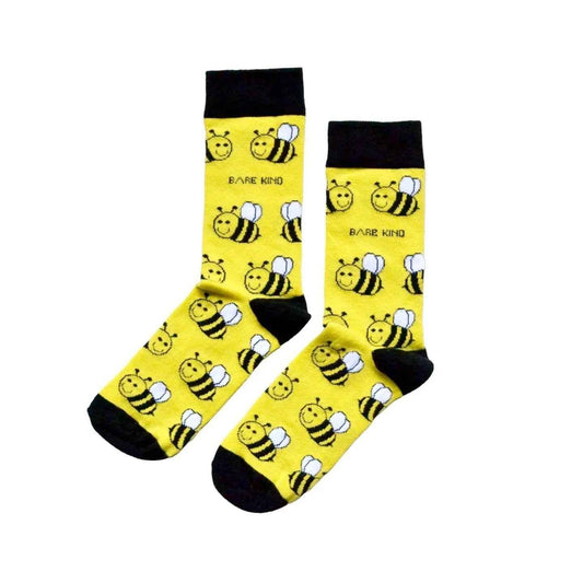 Barekind NZ Save the Bees bamboo socks for adults, featuring a bee-themed design and made from eco-friendly bamboo fabric.