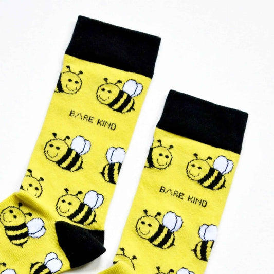 Barekind NZ bamboo socks featuring a "Save the Bees" design, adult size 4-7, eco-friendly and comfortable for everyday wear.